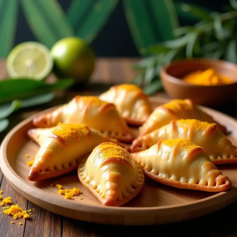 Empanaditas filipinas doradas y crujientes rellenas de mango y queso de cúrcuma, servidas en un plato de bambú con hojas de pandan y rodajas de limón al lado, receta airfryer sin horno.