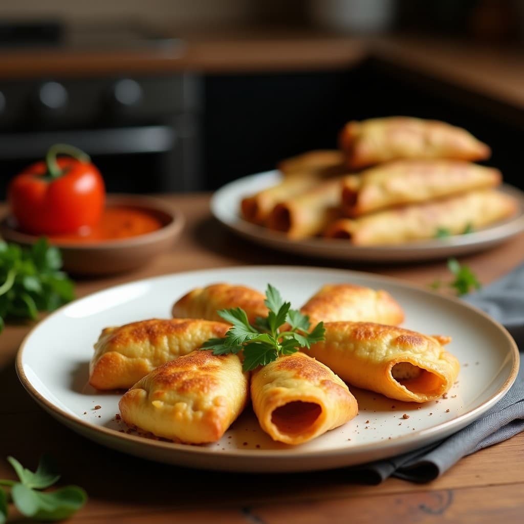 Empanaditas doradas y crujientes de masa de ñame rellenas de merluza y pimientos asados, servidas en un plato de madera rústico con hojas de cilantro fresco y rodajas de limón verde al lado. Receta caribeña en Airfryer.