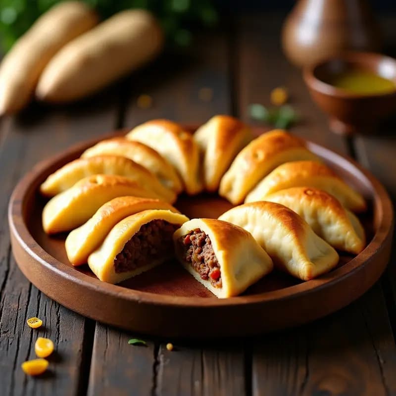 Bandeja de madera con empanaditas de masa de yuca doradas, rellenas de carne y pasas, receta paraguaya tradicional, con un toque crujiente y jugoso.