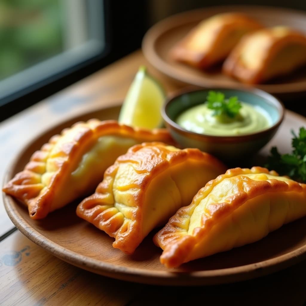 Empanaditas doradas y crujientes de masa de yuca rellenas de Carnegie y queso vegano derretido, servidas en plato de madera con salsa de aguacate al lado. Receta colombiana en Airfryer, alta en proteína y sin gluten.