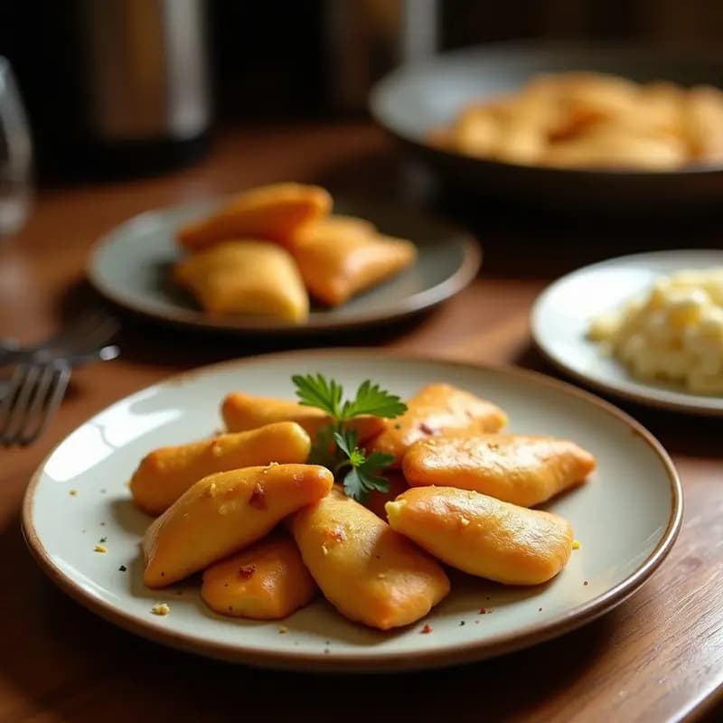 Empanaditas doradas y crujientes de yuca rellenas de chorizo de insectos, servidas en un plato de madera con salsa de yogur al lado. Receta colombiana innovadora en airfryer.