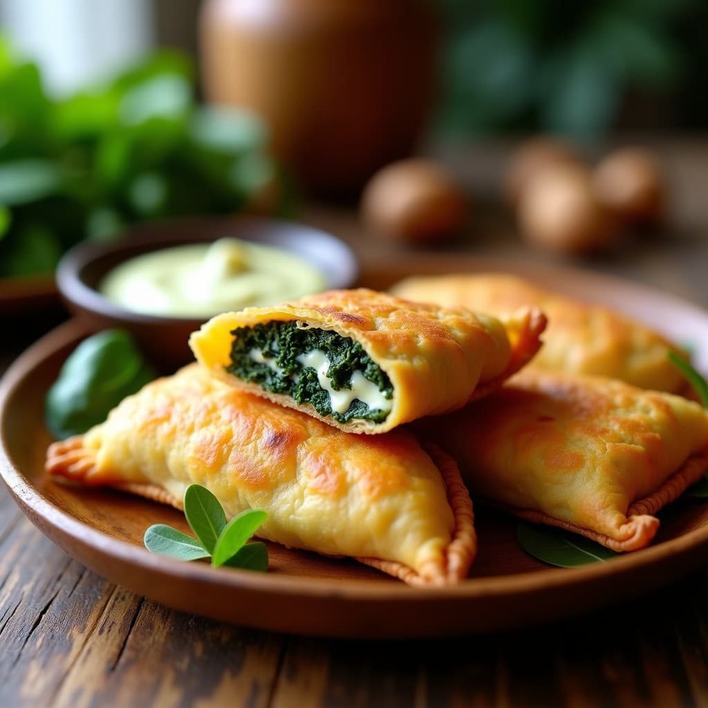 Empanaditas doradas y crujientes de yuca rellenas de espinacas y queso de anacardos, servidas en un plato de cerámica blanca con salsa de anacardos al lado. Receta vegana en airfryer.
