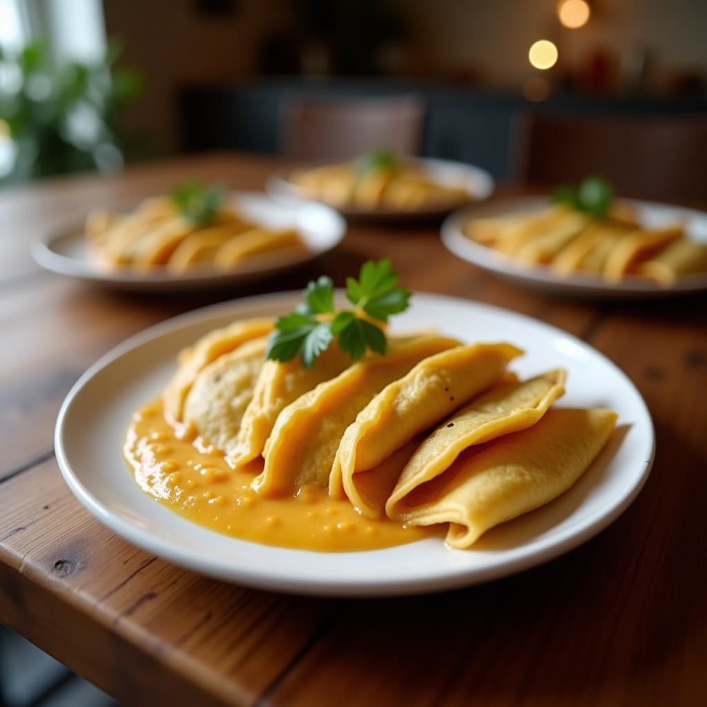 Empanaditas doradas de masa de yuca rellenas de higuerilla y queso de anacardos, servidas en una bandeja de madera rústica con salsa de ají al lado. Receta colombiana sin gluten.