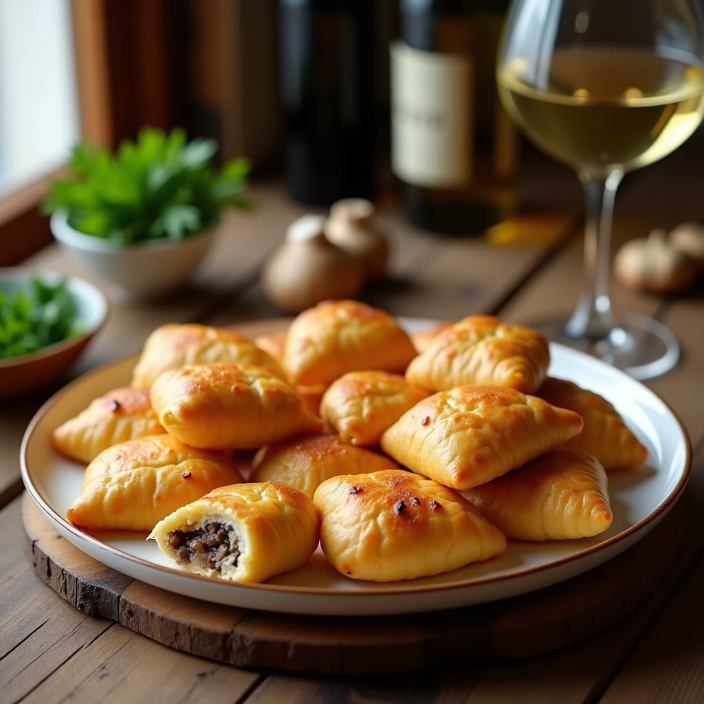 Empanaditas doradas y crujientes de yuca rellenas de hongos shiitake al vino blanco, servidas en una bandeja de madera rústica con perejil fresco y copas de vino blanco de fondo, receta argentina en airfryer.