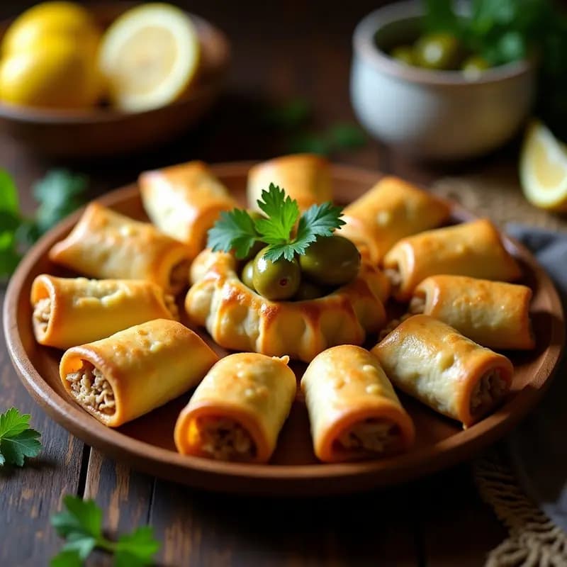 Empanaditas doradas de masa de yuca rellenas de pollo y aceitunas, servidas en un plato de madera rústico con cilantro fresco y rodajas de limón, receta colombiana sin trigo.