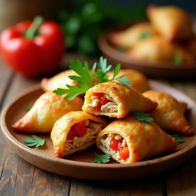 Empanaditas doradas de masa de yuca rellenas de pollo desmenuzado y pimientos asados, servidas en un plato de madera rústico con hojas de perejil fresco. Receta cubana en airfryer.