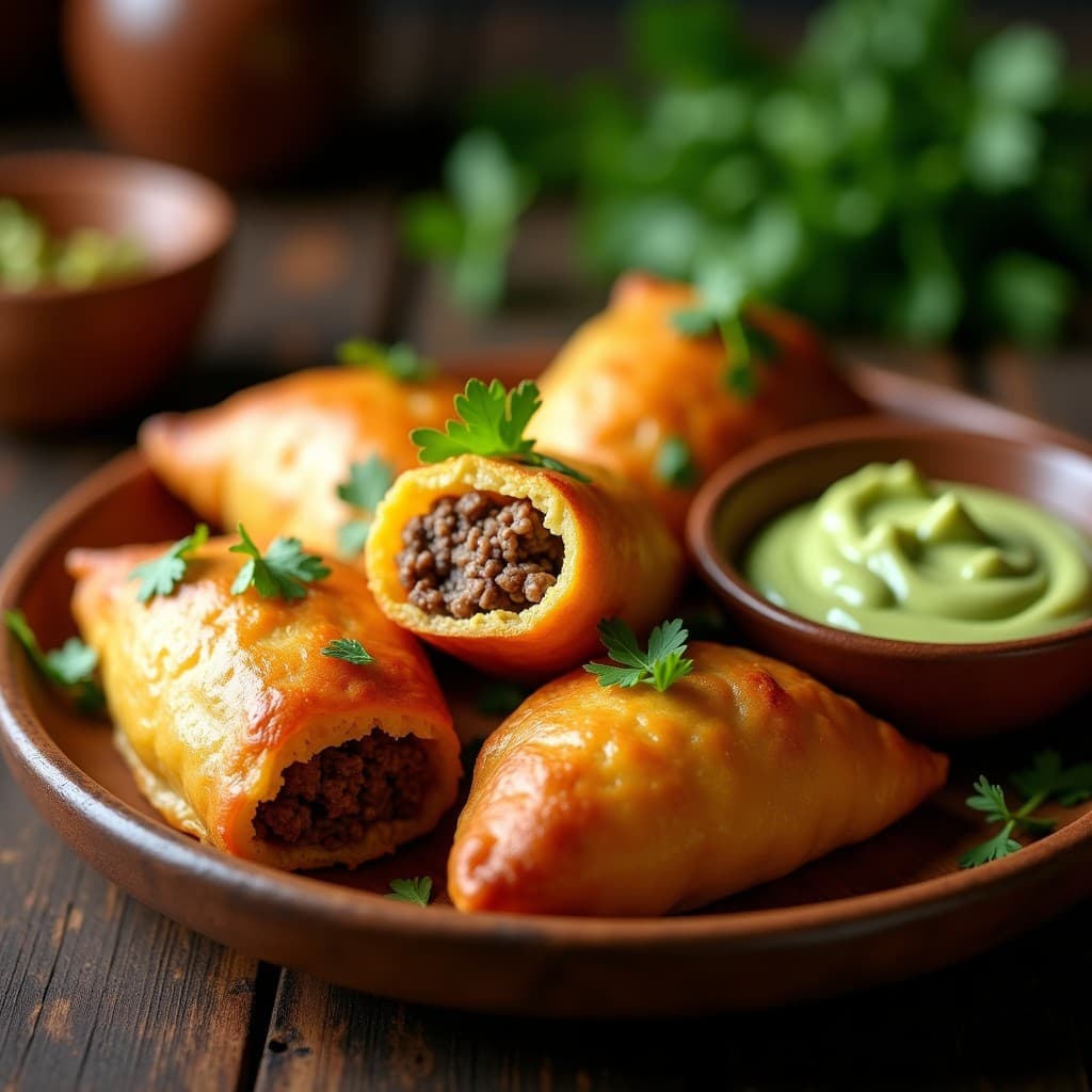 Empanaditas doradas y crujientes de masa de yuca rellenas de carne de venado, servidas en un plato de madera rústico con hierbas frescas y una salsa verde al lado. Receta colombiana paleo cocinada en airfryer.
