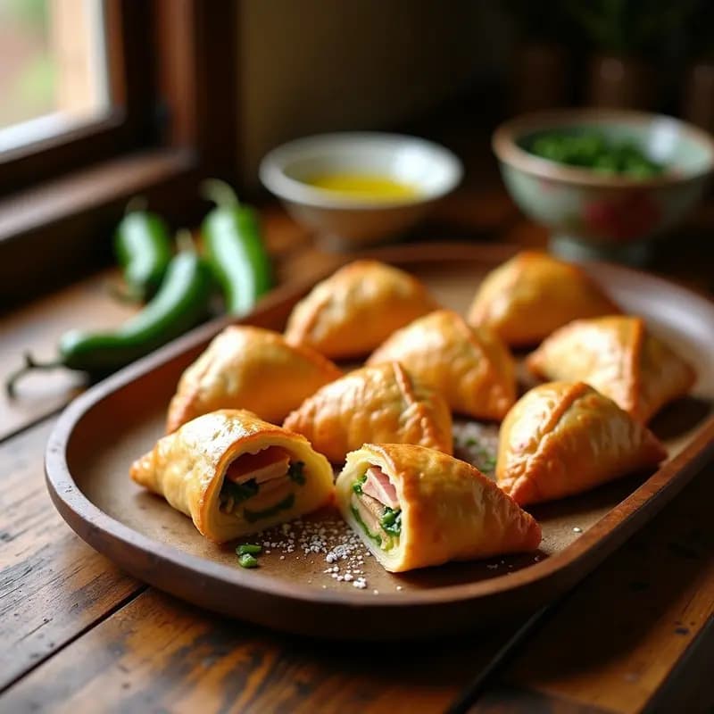 Empedanadas de atún con pimiento del padrón en hojaldre dorado, dispuestas en bandeja de madera rústica con perejil fresco espolvoreado y fondo borroso de cocina tradicional canaria.