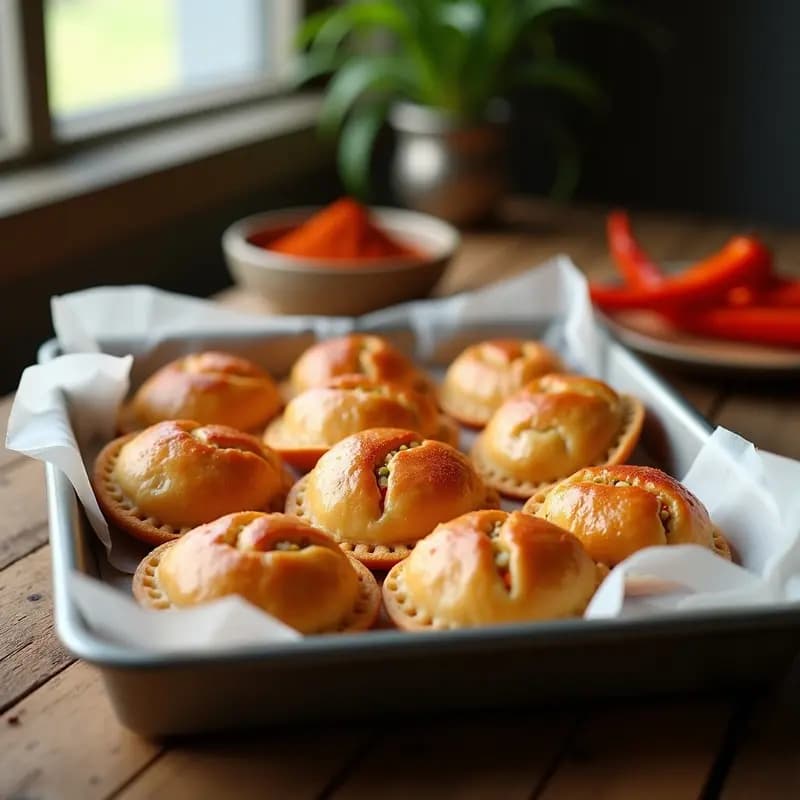 Empedanadas de bonito con pimiento y cebolla, tapa vasca tradicional con hojaldre dorado y crujiente, rellenas de bonito desmenuzado, pimiento rojo asado y cebolla caramelizada, cortadas en porciones triangulares sobre una tabla de madera rústica.