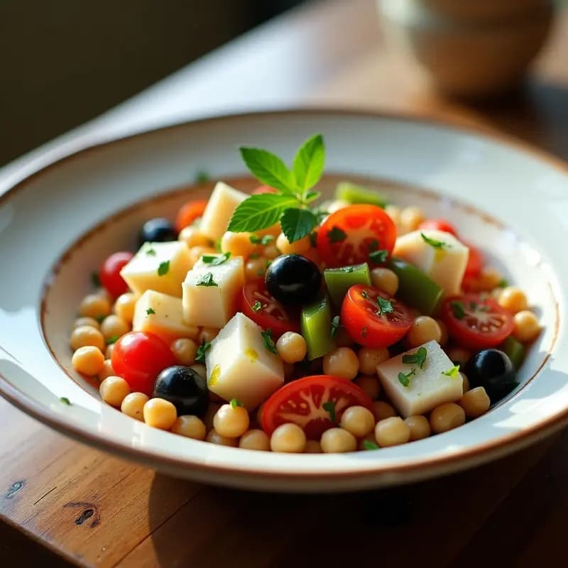 Plato hondo de cerámica blanca con empedrat de bacalao y garbanzos valenciano, mostrando trozos de bacalao desalado, garbanzos, tomate, pimiento verde, aceitunas y perejil fresco, todo aliñado con aceite de oliva y decorado con una ramita de perejil.