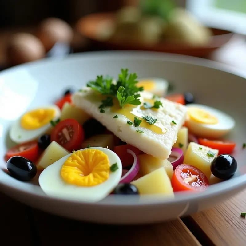 Plato hondo de cerámica blanca con Empedrat de Bacallà: ensalada catalana de bacalao desalado en trozos, patatas cocidas en cubos, tomate rojo, cebolla morada, aceitunas negras y huevo duro en cuartos, aliñado con aceite de oliva y perejil fresco. Fondo rústico de madera.