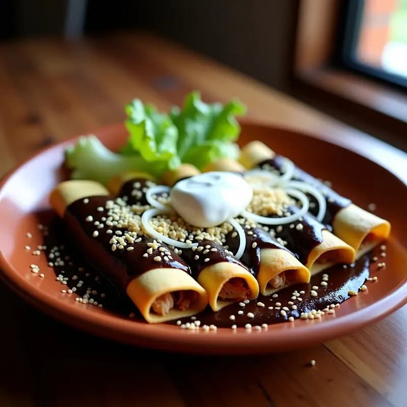 Plato de enchiladas de pollo bañadas en mole negro espeso, decoradas con queso fresco desmenuzado, cebolla morada en juliana y crema ácida sobre hojas de lechuga romana en un plato de barro tradicional mexicano.