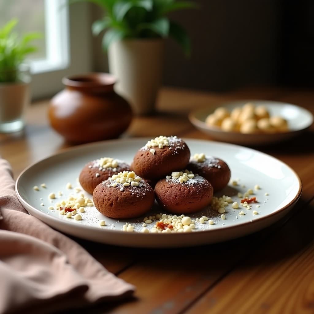 Energy balls de cacao y macadamia sin azúcar dispuestas en una bandeja de madera, rebozadas en coco rallado y trocitos de macadamia, con un fondo borroso de cacao en polvo y vainilla.