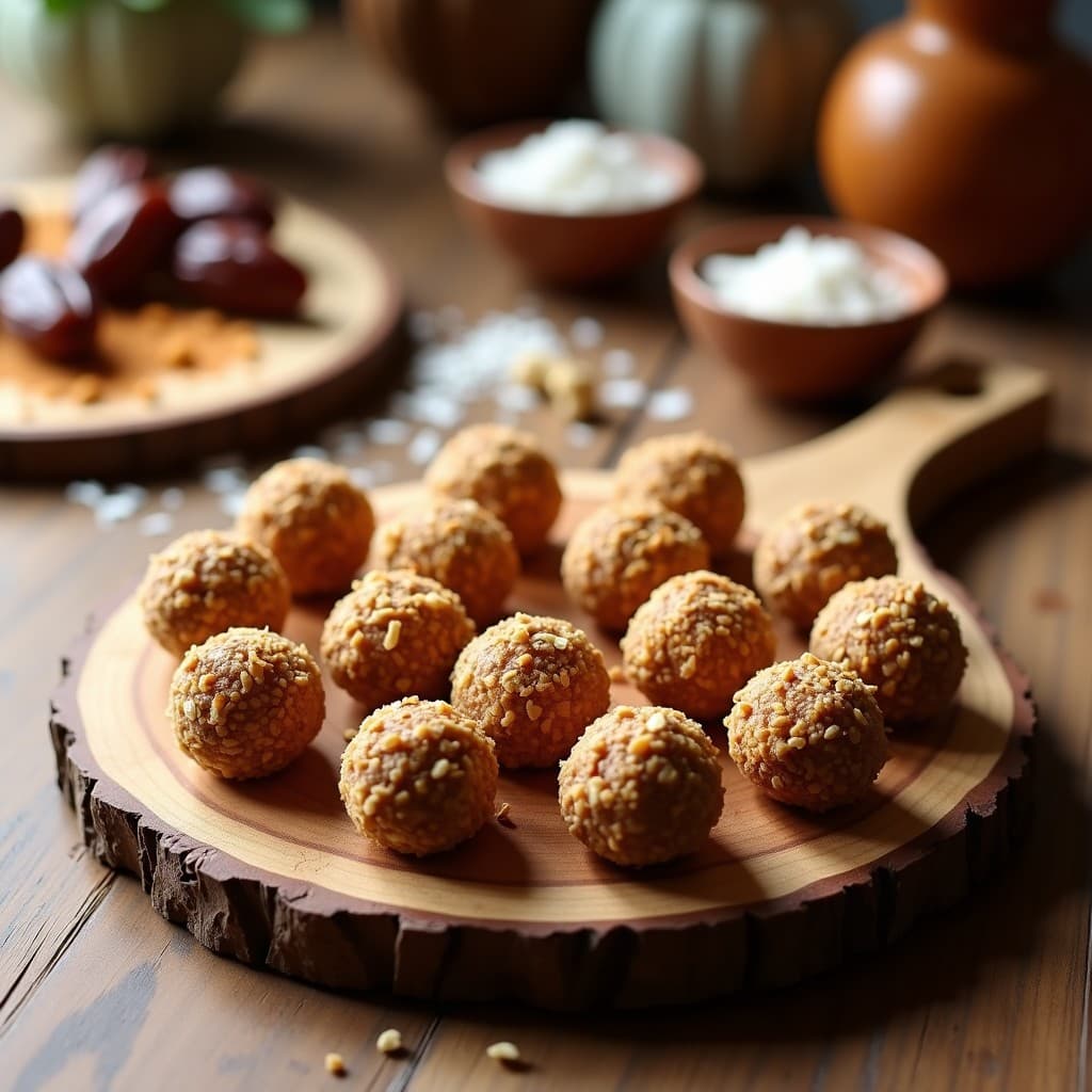 Energy Balls de dátiles y nueces con especias de pumpkin spice dispuestas en una bandeja de madera rústica, espolvoreadas con coco rallado y trocitos de nueces, con un fondo borroso de especias y dátiles.
