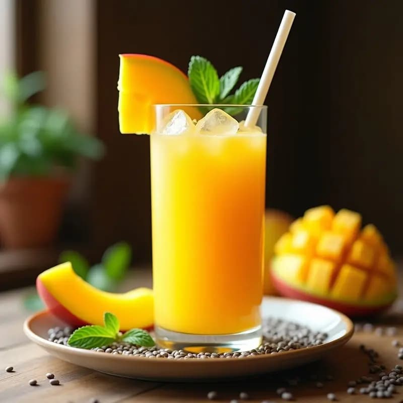 Vaso alto transparente con enfriador de mango y chía ayurvédico, decorado con rodajas de mango, hojas de menta y semillas de chía hidratadas, sobre fondo rústico de madera con luz natural.