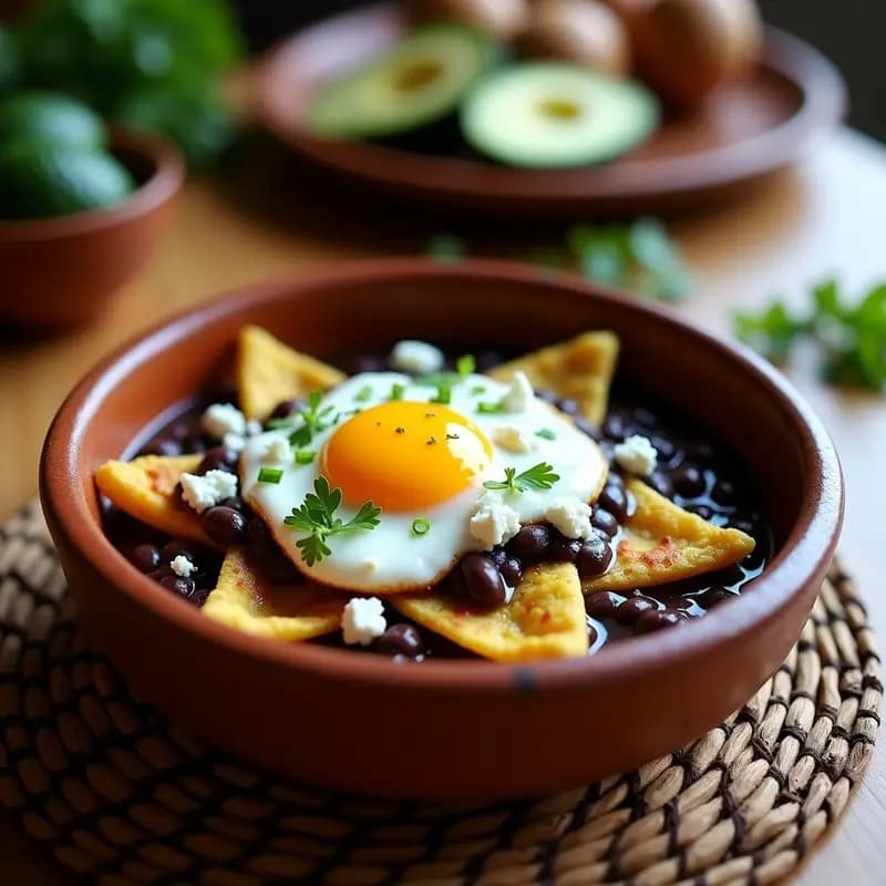 Plato hondo de barro con enfrijoladas de frijol negro, tortillas de maíz azul bañadas en salsa espesa de frijol negro, coronadas con huevos pochè, queso fresco desmenuzado y cebollín picado, sobre fondo rústico de madera.