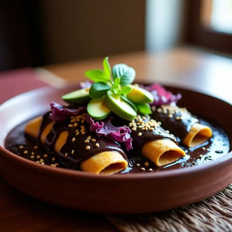 Plato hondo de barro con enfrijoladas veganas apiladas, bañadas en mole negro brillante, decoradas con lechuga morada, aguacate en rodajas y crema de anacardos, espolvoreadas con semillas de sésamo.