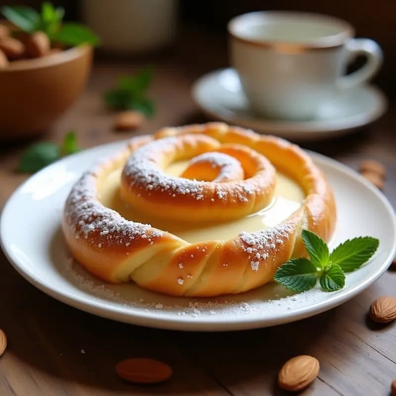 Ensaimada mallorquina tradicional en espiral, dorada y esponjosa, rellena de crema de almendra sin lactosa, espolvoreada con azúcar glass sobre un plato de cerámica blanca con fondo rústico de madera.