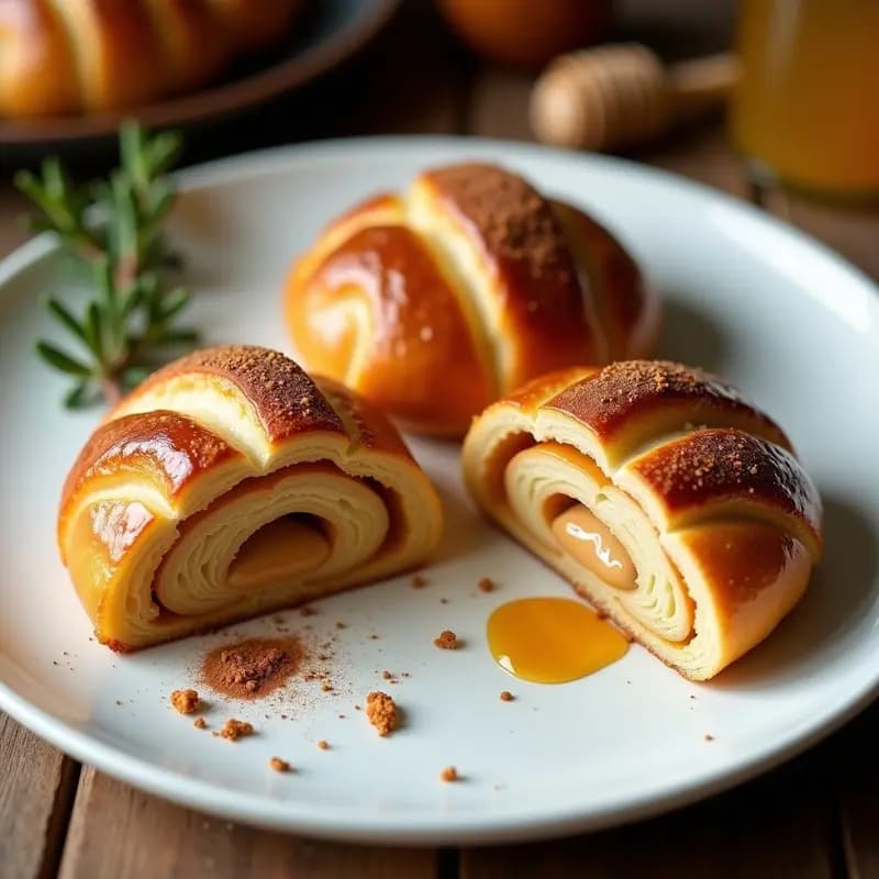 Ensaimada de espelta dorada y esponjosa con relleno de crema de cacahuete, decorada con almendras fileteadas y miel de romero, servida en una bandeja de madera rústica. Desayuno mallorquín sin gluten.