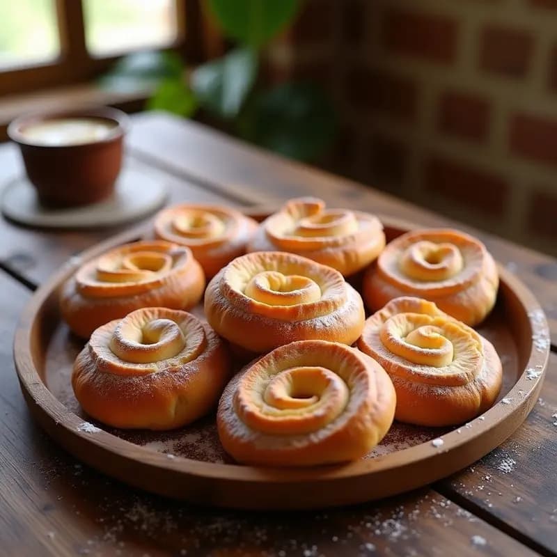 Ensaimada mallorquina casera tradicional con saïm, en forma de espiral dorada y esponjosa, espolvoreada con azúcar glass sobre una bandeja de madera rústica.