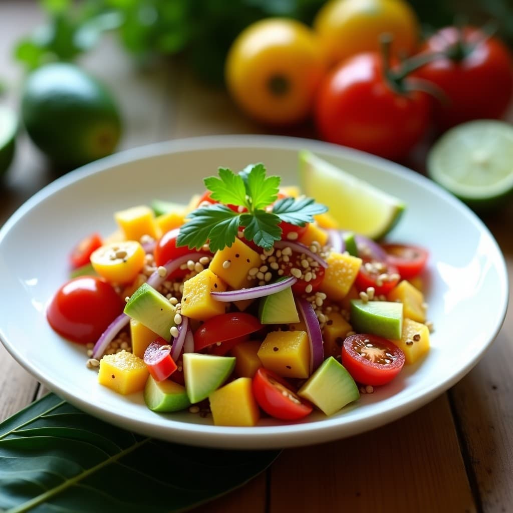Ensalada colorida en un bol de cerámica blanca con cubos de action fruit (fruta de pan), pimiento rojo, cebolla morada, aguacate y tomates cherry, bañada en una vinagreta brillante de lima y cilantro. Decorada con semillas de sésamo tostadas y hojas frescas de cilantro. Plato fresco y exótico típico del Caribe.