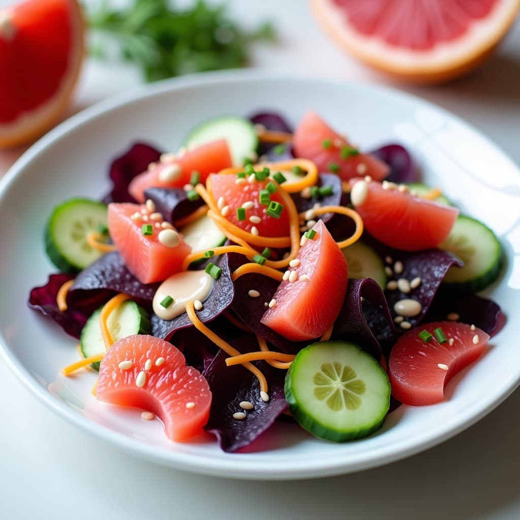 Ensalada crudivegana depurativa en plato blanco con algas dulse moradas, gajos de pomelo rosa, rodajas de pepino japonés y zanahoria morada en juliana. Decorada con semillas de sésamo blanco y cebollino picado, bañada en vinagreta de sésamo.
