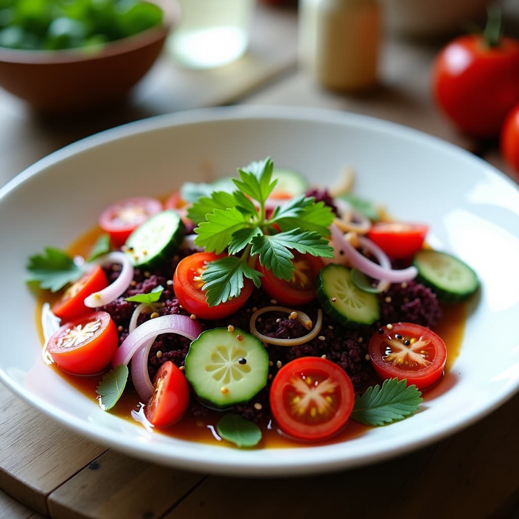 Ensalada crudivegana en bol de cerámica blanca con algas dulse moradas, tomates cherry rojos cortados por la mitad, pepino en rodajas y cebolla morada en juliana. Decorada con semillas de sésamo negro y cilantro fresco. Vinagreta de miso y mostaza vertida por encima, con fondo de mesa de madera rústica.