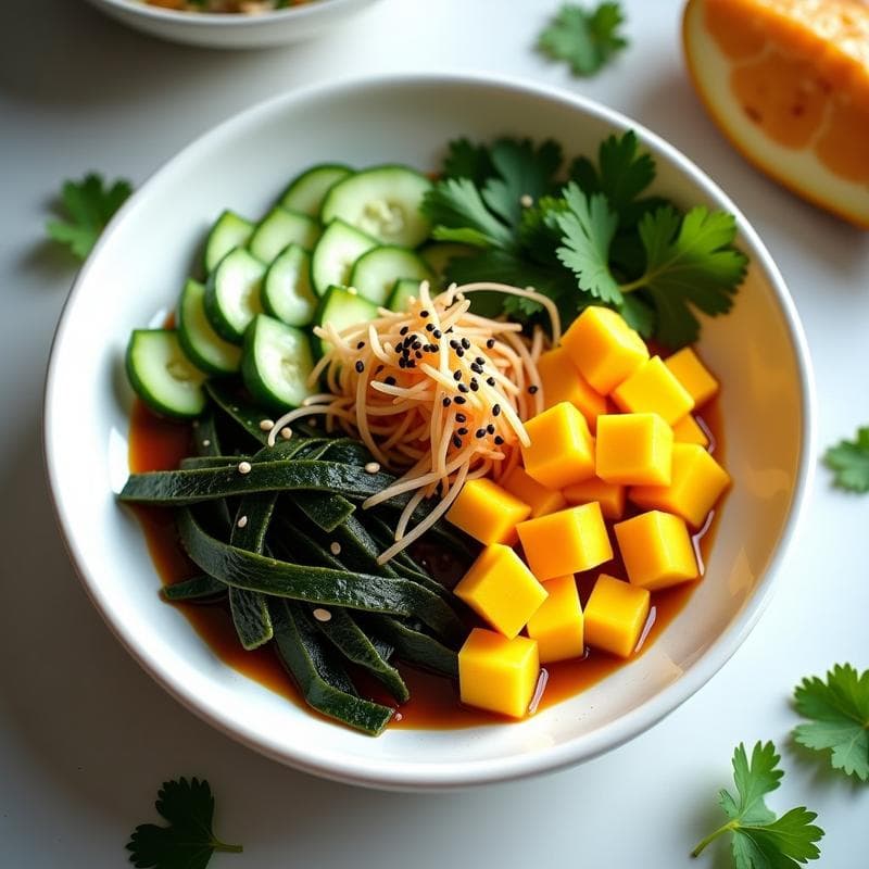 Ensalada japonesa sin gluten en plato blanco hondo: algas nori en tiras oscuras, cubos de mango amarillo dorado, pepino verde en medias lunas y cebolla morada en juliana. Aderezo brillante de tamari y jengibre vertido sobre los ingredientes, espolvoreado con semillas de sésamo negro y pimienta de Sichuan. Fondo minimalista con hojas de cilantro fresco.