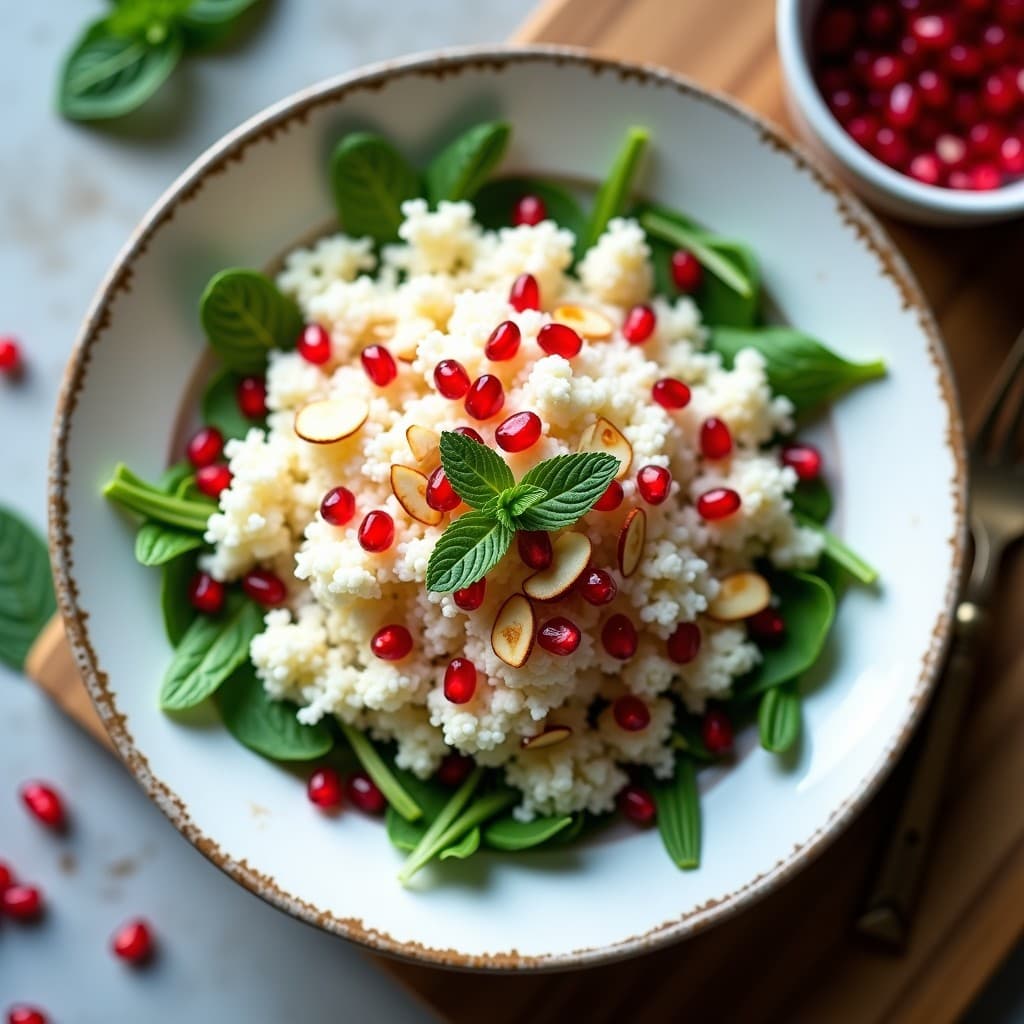 Ensalada invernal vegana de algodón de azúcar de coliflor blanca rallada en hilos finos, mezclada con semillas de granada rojas, almendras fileteadas doradas y hojas de menta fresca, servida sobre un lecho de rúcula en un plato blanco rústico.