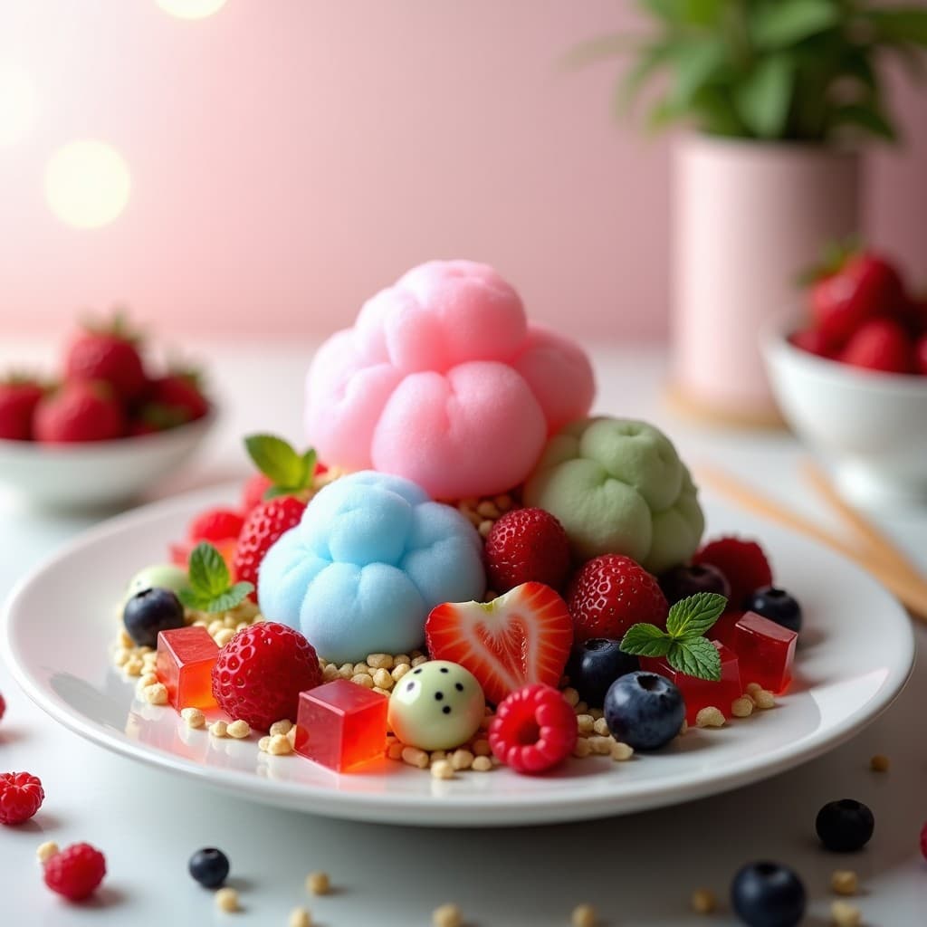 Plato blanco con ensalada de algodón de azúcar rosa y azul, frutos rojos frescos, gel de frambuesa en cubos, yogur matcha verde y cereales de arroz inflado con sésamo negro, decorado con hojas de menta.