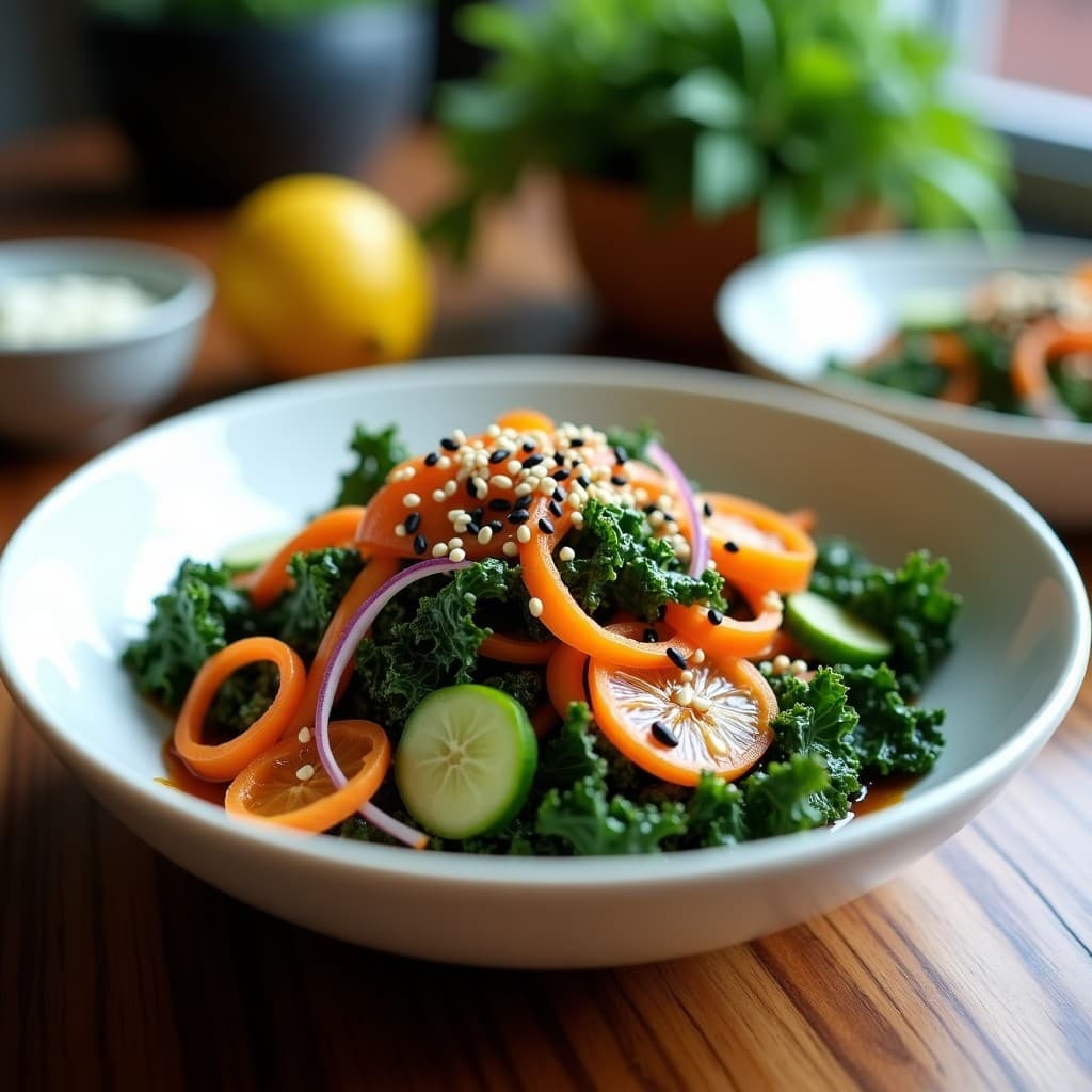Ensalada coreana crudivegana de algodón de azúcar de kale con tiras finas de zanahoria morada, pepino y cebolla, bañada en aderezo de limón y decorada con semillas de sésamo negro y blanco.