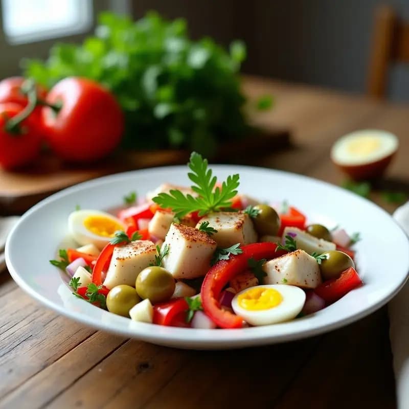 Ensalada vasca fresca de bacalao desalado desmenuzado, pimientos rojos asados en tiras, cebolla morada, tomate, aceitunas verdes y huevo duro, servida en un bol blanco con aliño de aceite de oliva y perejil picado, sobre una mesa rústica de madera.