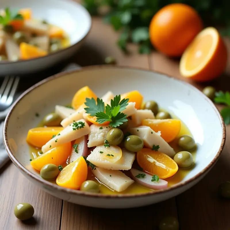 Ensalada fresca de bacalao desmenuzado con gajos de naranja, aceitunas verdes, cebolla morada y pimiento verde, aliñada con aceite de oliva y decorada con perejil fresco. Plato colorido y apetecible con contrastes de sabores.