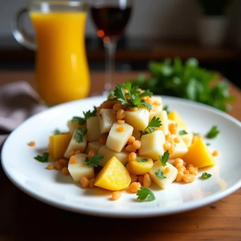 Plato hondo blanco con ensalaílla de bacalao desmenuzado, patata en cubos, huevo duro en rodajas, aceitunas verdes y perejil fresco, bañado con aceite de oliva. Receta catalana fría de Semana Santa.
