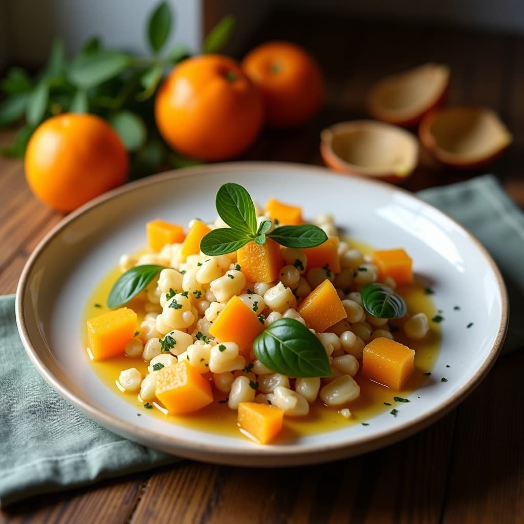 Ensalada árabe de bulghur y naranjas sanguinas con vinagreta de granados, servida en plato blanco con semillas de granada y almendras fileteadas tostadas, sobre fondo rústico de madera.