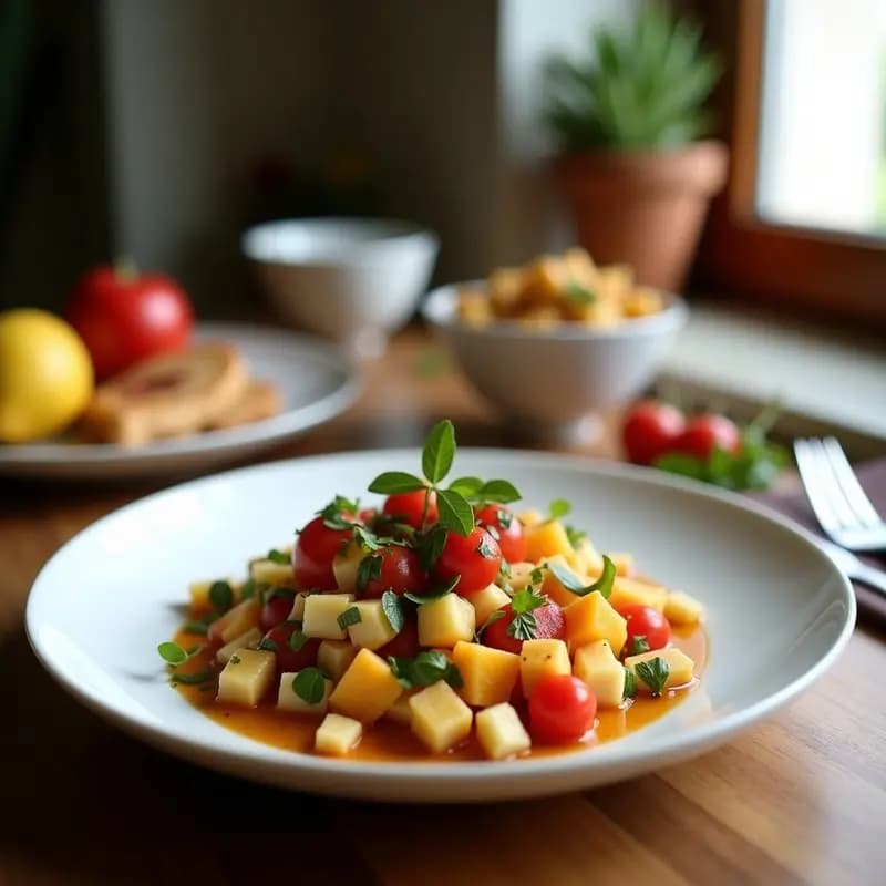 Plato blanco con ensalada de camelina frita crujiente, fresas en láminas, queso azul desmenuzado y almendras tostadas, bañada en vinagreta brillante de vinagre de arándanos. Receta esto-báltica fresca y decadente.