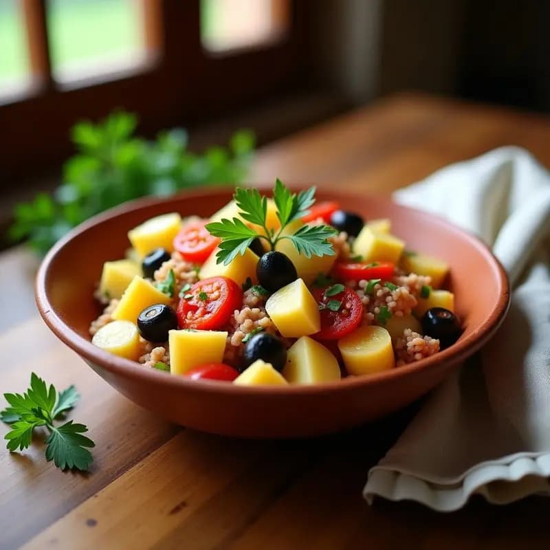 Ensalada camperola aragonesa en bol de barro con patatas, huevo duro, pimientos asados, atún y aceitunas, aliñada con aceite de oliva y perejil fresco.