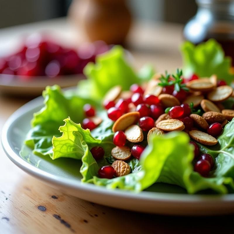 Ensalada fresca de canónigos verdes con granos de granada rojos brillantes, almendras tostadas y vinagreta de vinagre de sidra, servida en un plato blanco rústico sobre fondo de madera clara.