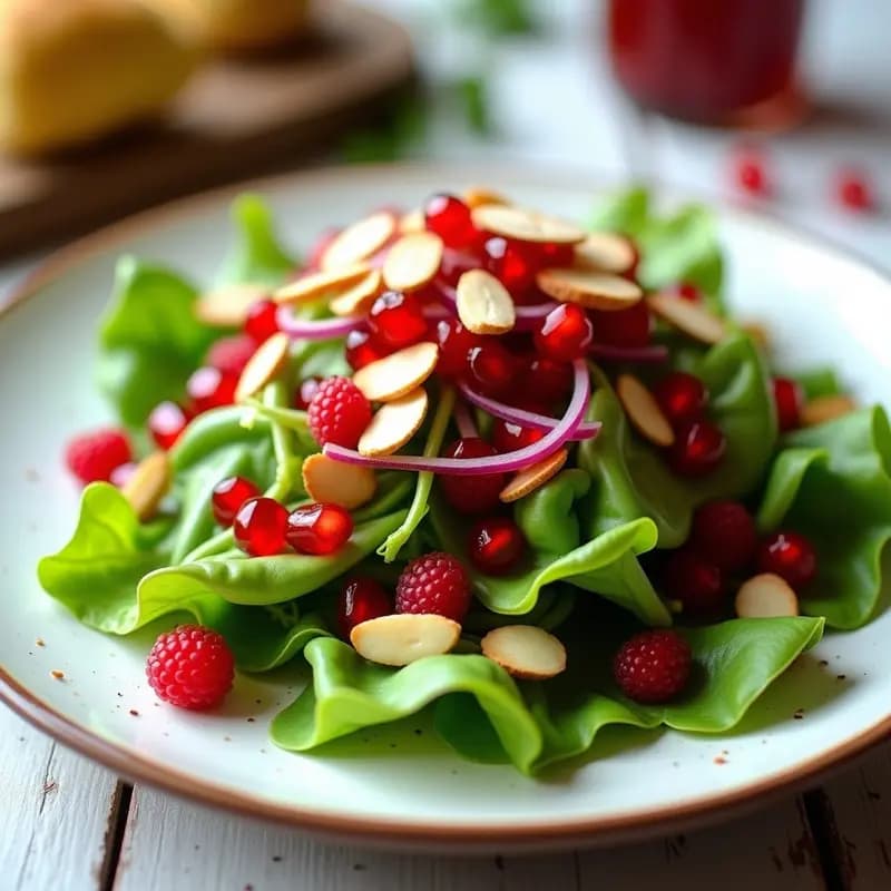 Ensalada fresca de canónigos verdes con granos de granada rojos y vinagreta brillante de vinagre de frambuesa, decorada con almendras tostadas y cebolla morada en un plato blanco rústico.