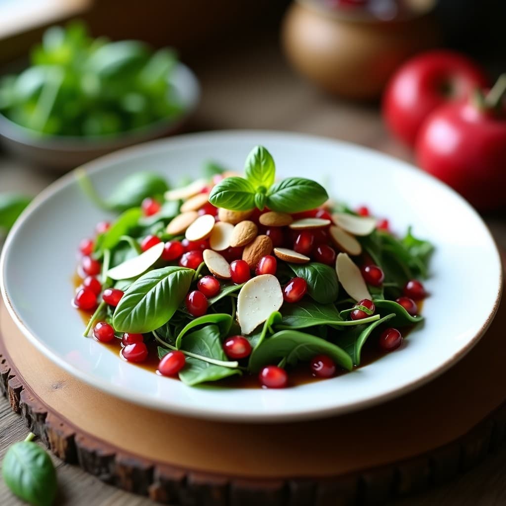 Ensalada italiana fresca de canónigos verdes con semillas de granada rojas brillantes, queso Pecorino en escamas, almendras tostadas y vinagreta de vinagre de Módena, decorada con hojas de menta sobre un plato blanco rústico.