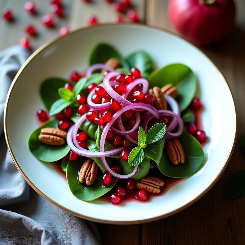 Ensalada persa elegante de canónigos frescos con granos de granada rojos brillantes, nueces de Pecán tostadas, cebolla morada en juliana y pétalos de rosa comestible. Aliño de vinagre de frambuesa servido en cuenco de porcelana blanca sobre fondo de madera rústica.
