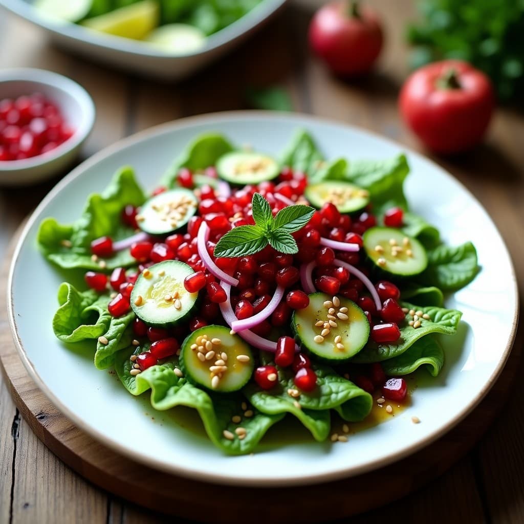 Ensalada libanesa fresca de canónigos con granos de granada rojos brillantes, vinagreta de zaatar y semillas de sésamo, servida en un plato blanco sobre fondo rústico de madera.