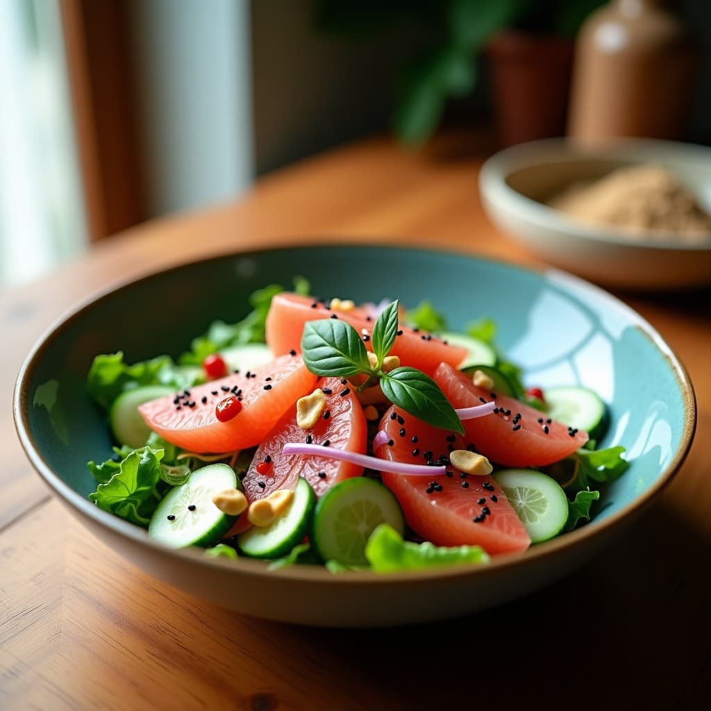 Ensalada vietnamita fresca con hojas verdes de Cao Bai, trozos de pomelo rosa, pepino y cebolla morada, decorada con semillas de sésamo negro y cacahuetes picados, con vinagreta de sésamo brillante.