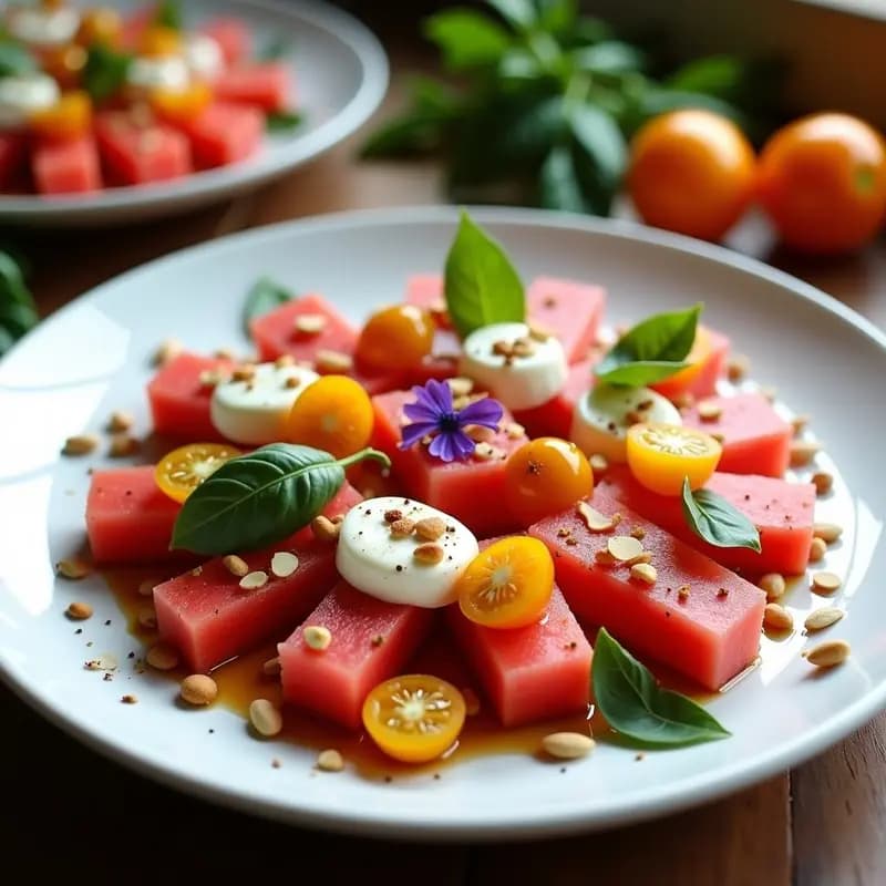 Ensalada Caprese veraniega con cubos de sandía roja, tomates cherry amarillos y rojos, queso de almendras desmenuzado y hojas de albahaca fresca, sobre un lecho de rúcula. Decorada con granos de pimienta rosa y un hilo de aliño dorado.