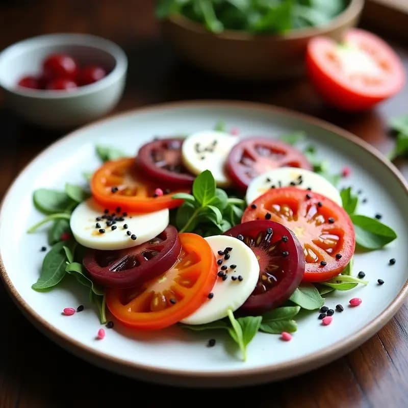 Ensalada Caprese con Tomate de Árbol y Albahaca Morada: Versión Exótica y Sin Lactosa