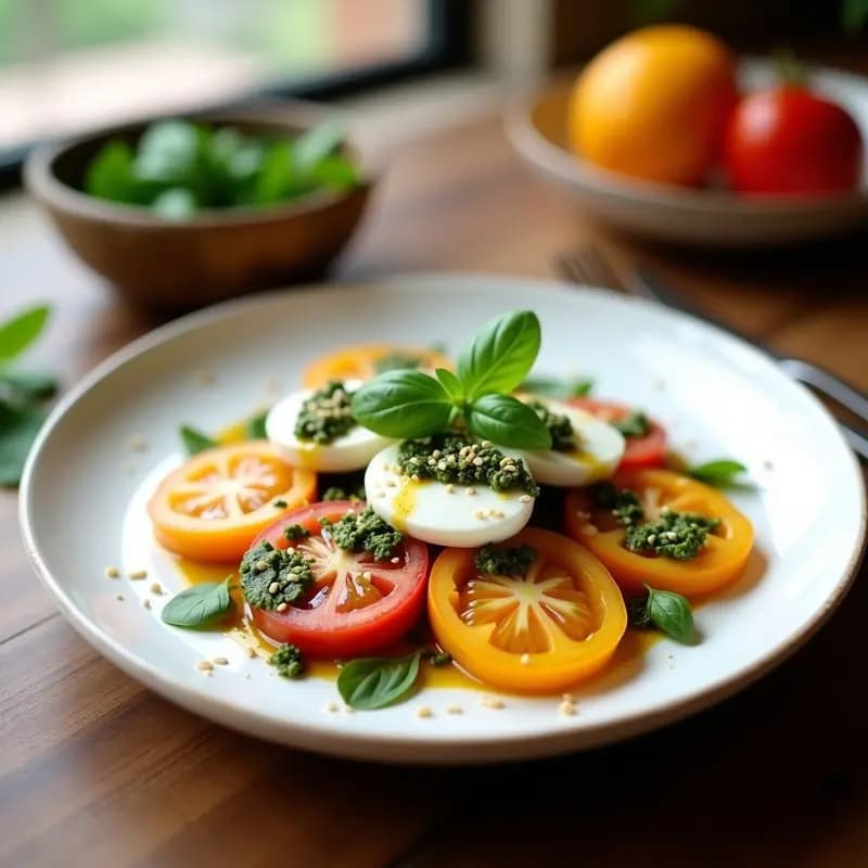 Ensalada Caprese gourmet colombiana con rodajas de tomate de árbol naranja, láminas de queso de búfala cremoso, hojas de albahaca fresca y semillas de chía tostadas, bañada en vinagreta de balsámico y miel, servida en plato blanco rústico.