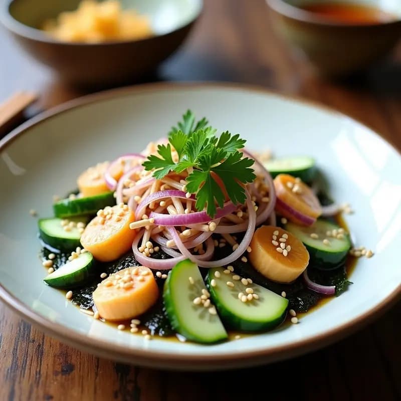 Ensalada fría de caracoles de mar en conserva con trozos de algas nori tostadas, pepino en juliana, cebolla morada y semillas de sésamo, servida en un bol blanco con aderezo de limón y jengibre. Receta japonesa alta en yodo.