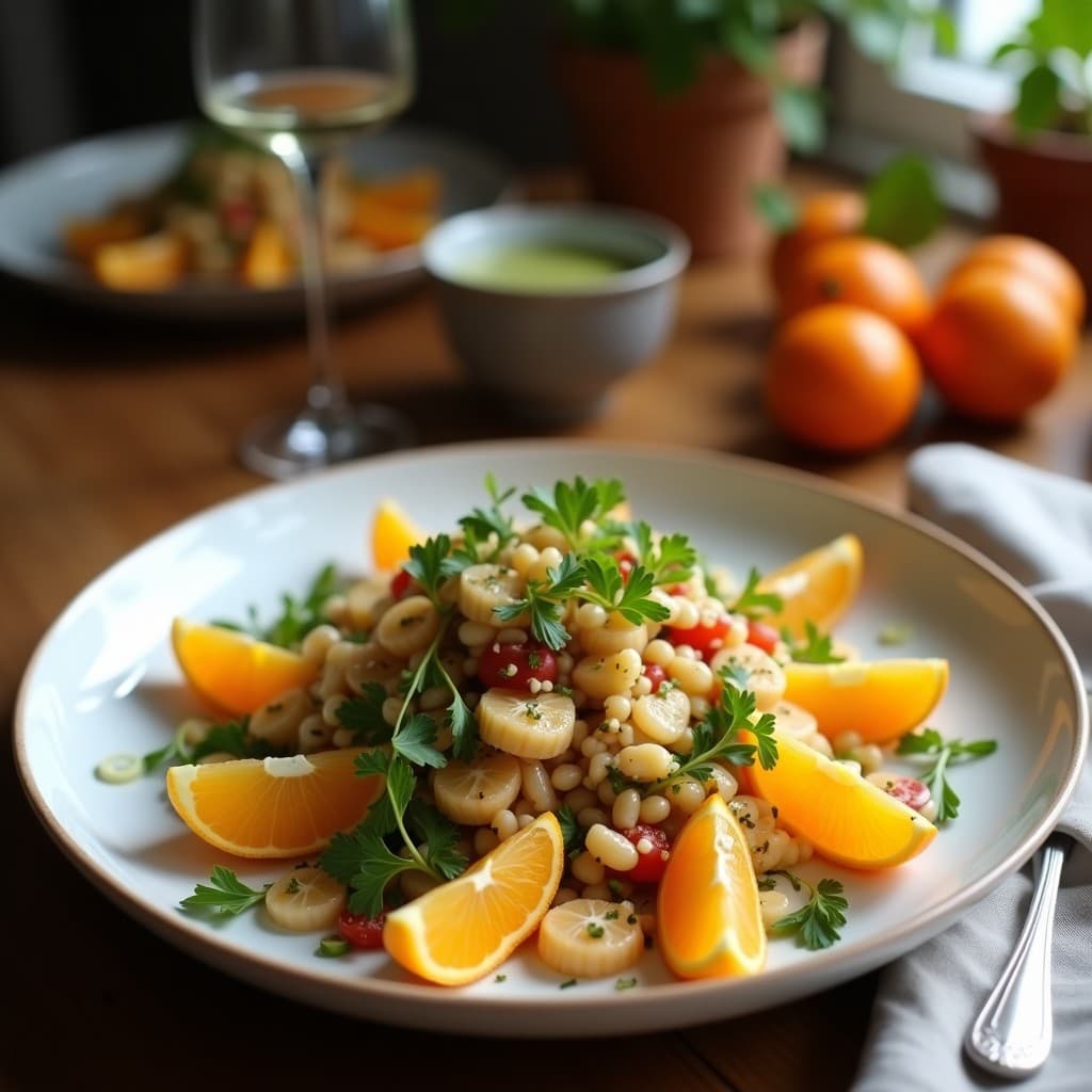Ensalada italiana depurativa con rodajas de cardo mariano cocido al vapor, gajos de naranja sanguina, apio en juliana, cebolla morada y almendras tostadas, servida en un plato blanco con vinagreta de mosto brillante.