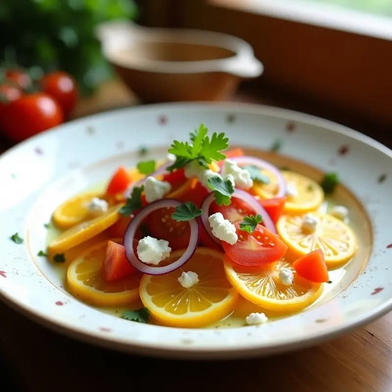 Ensalada colorida de chontaduro en rodajas, queso campesino desmenuzado, tomate y cebolla morada, con aliño de naranja agria y cilantro fresco, servida en plato blanco rústico.