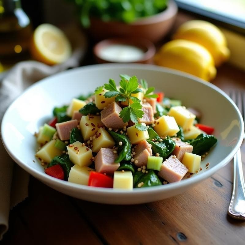Ensalada fresca de colombo de yuca y atún con aderezo de limón, servida en un bol blanco sobre fondo rústico. Incluye yuca en cubos, hojas de colombo verde oscuro, atún en trozos, cebolla morada, pimiento rojo y semillas de sésamo tostadas. Decorada con gajos de limón y cilantro fresco.